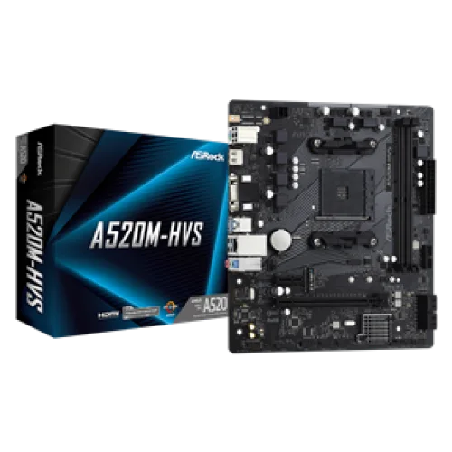 ASROCK MB A520M-HVS, SOCKET AMD AM4, CS AMD A520, 2 DIMM SOCKETS DDR4, DSUB/HDMI, PCI-E GEN 3.0, GIGABIT LAN, MICRO-ATX, 2YW.