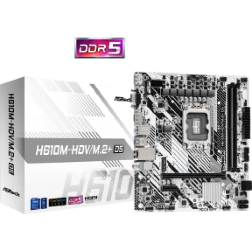ASROCK MB H610M-HDV/M.2+ D5, SOCKET INTEL LGA1700 14th/13th/12th GEN INTEL CPU, CS INTEL H610, 2 DIMM SOCKETS DDR5, HDMI/DP/D-SUB, PCI-E GEN 4.0, GIGABIT LAN, MICRO-ATX, 3YW.