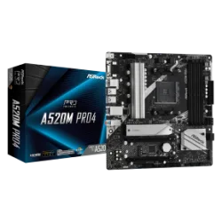 ASROCK MB A520M PRO4, SOCKET AMD AM4, CS AMD A520, 4 DIMM SOCKETS DDR4, HDMI/ DP/ D-SUB, PCI-E GEN 3.0, GIGABIT LAN, MICRO-ATX, 3YW.
