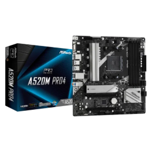 ASROCK MB A520M PRO4, SOCKET AMD AM4, CS AMD A520, 4 DIMM SOCKETS DDR4, HDMI/ DP/ D-SUB, PCI-E GEN 3.0, GIGABIT LAN, MICRO-ATX, 3YW.