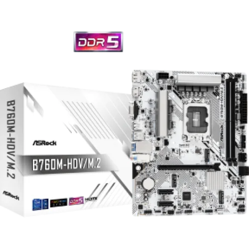 ASROCK MB B760M-HDV/M.2., SOCKET INTEL LGA1700 14th/13th/12th GEN INTEL CPU, CS INTEL B760, 2 DIMM SOCKETS DDR5, HDMI/DP/D-SUB, PCI-E GEN 4.0, 2.5G LAN, MICRO-ATX, 3YW.